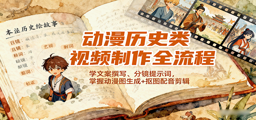 动漫历史类视频制作全流程，学文案撰写、分镜提示词，掌握动漫图生成+抠图配音剪辑