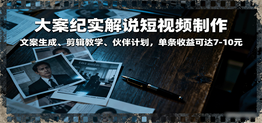大案纪实解说短视频制作，文案生成、剪辑教学、伙伴计划，单条收益可达7-10元