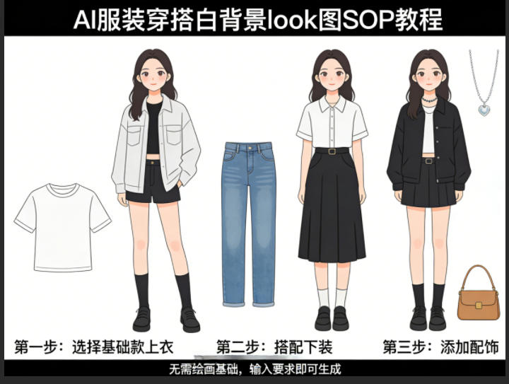 AI服装穿搭白背景look图SOP教程，不用会画画，提几句具体要求，AI就能还你一个奇迹插图