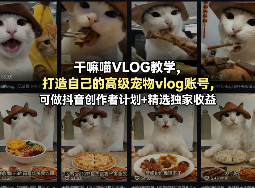 干嘛喵VLOG教学，打造自己的高级宠物vlog账号，可做抖音创作者计划+精选独家收益