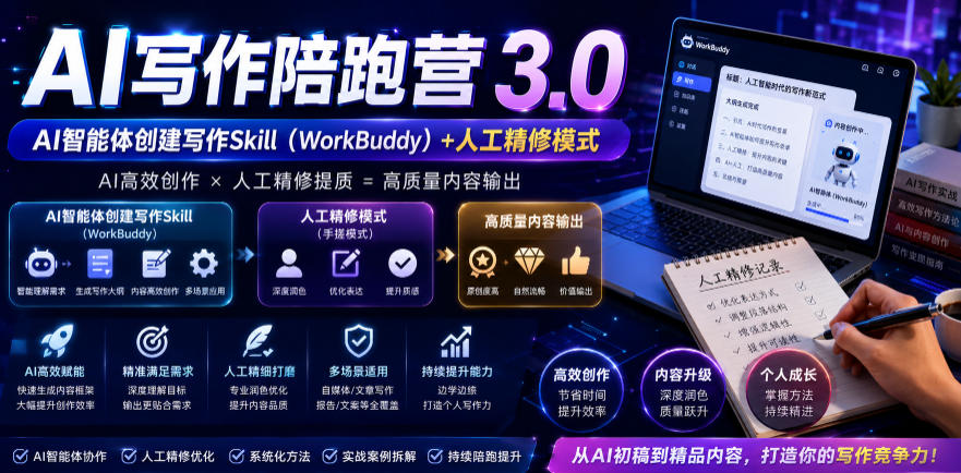 AI写作陪跑营3.0，Ai智能体创建写作skill（workbuddy）+人工手写模式（手搓模式），去除AI痕迹（头条号、公众号、百家号）插图