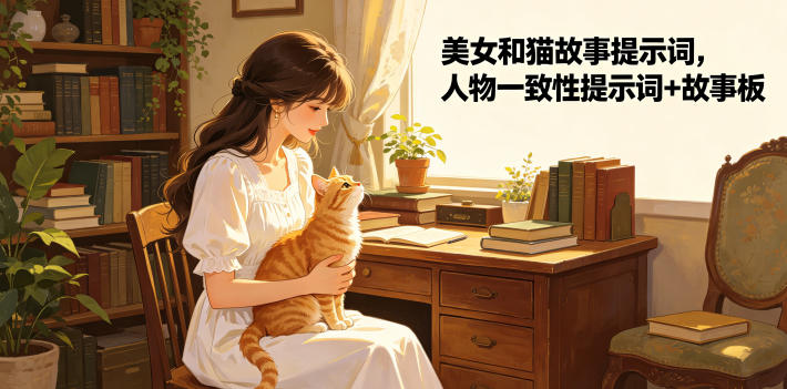 美女和猫故事提示词,人物一致性提示词+故事板插图 美女和猫故事提示词,人物一致性提示词+故事板插图