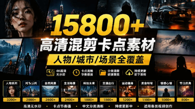 【影视剪辑素材合集】15800+高清混剪卡点｜热门影视精彩片段｜人物/城市/场景全覆盖，中文分类清晰插图