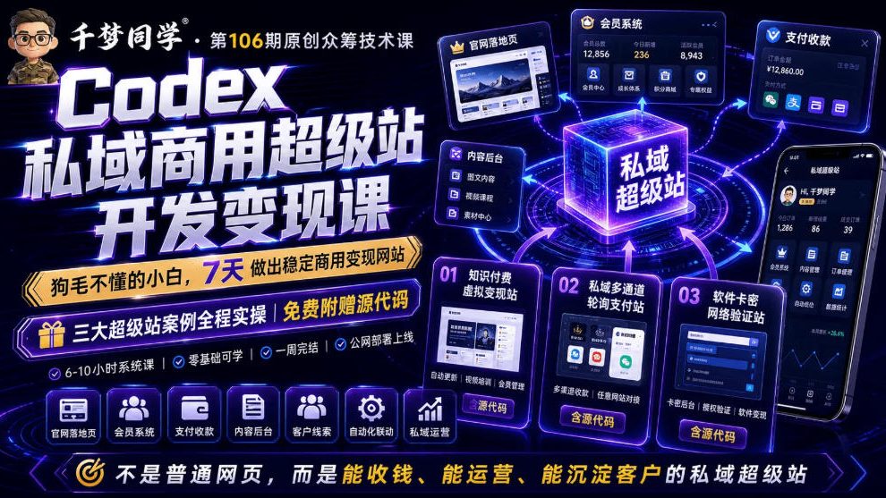Codex私域商用超级站Ai开发变现课，7天带你从零基础到能自己动手做出能收钱、能运营、能沉淀客户的私域超级站插图