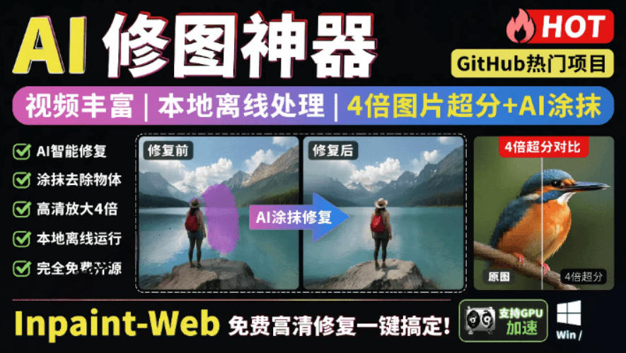 本地离线处理，4倍图片超分+AI涂抹去水印！Github上热门神器，免费高清修复图一键搞定！Inpaint-Web插图