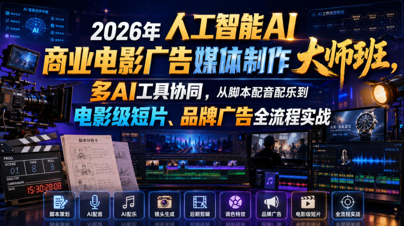 2026年人工智能AI商业电影广告媒体制作大师班,多AI工具协同,从脚本配音配乐到电影级短片、品牌广告全流程实战(中英字幕)插图 2026年人工智能AI商业电影广告媒体制作大师班,多AI工具协同,从脚本配音配乐到电影级短片、品牌广告全流程实战(中英字幕)插图