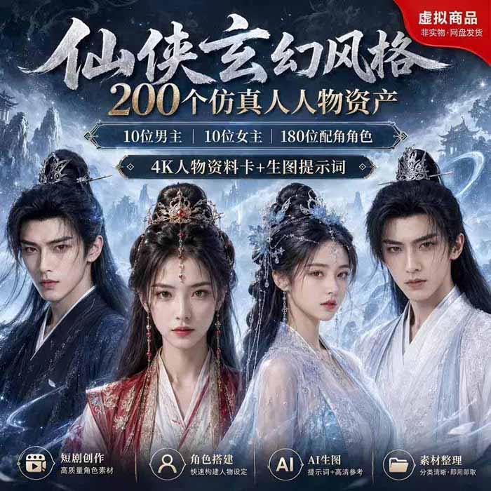 （19301期）200个仙侠玄幻仿真人素材◆10男主×10女主×180配角，4K资料卡+AI生图提示词，漫剧必备插图1