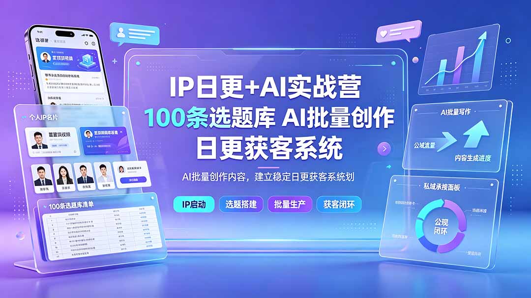 (19353期)IP日更+AI实战营:IP置顶视频制作×100条选题库搭建×10条日更规划,AI批量创作内容,建立稳定日更获客系统