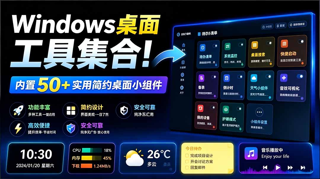 （19585期）Windows桌面工具集合！内置50+实用简约桌面小组件，含截图、录屏、翻译、天气等，多秘工具箱插图1