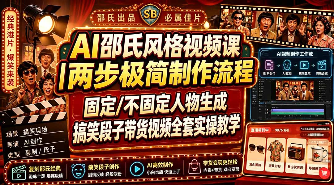 （19602期）AI邵氏风格视频课｜两步极简制作流程，固定/不固定人物生成，搞笑段子带货视频全套实操教学插图1