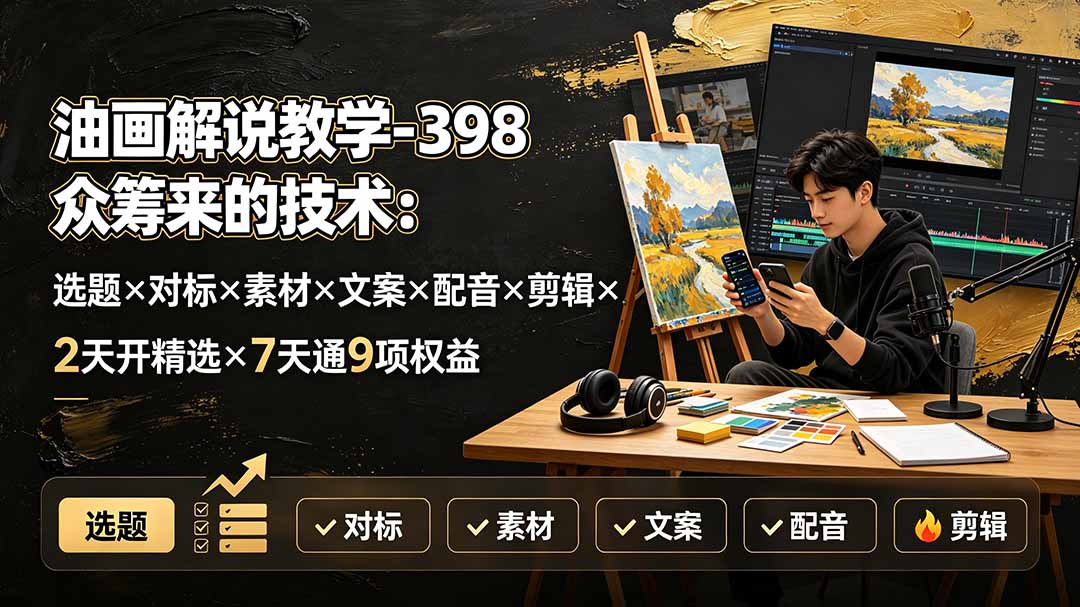 （19587期）油画解说教学-398众筹来的技术-刯新：选题×对标×素材×文案×配音×剪辑×2天开精选×7天通9项权益插图1