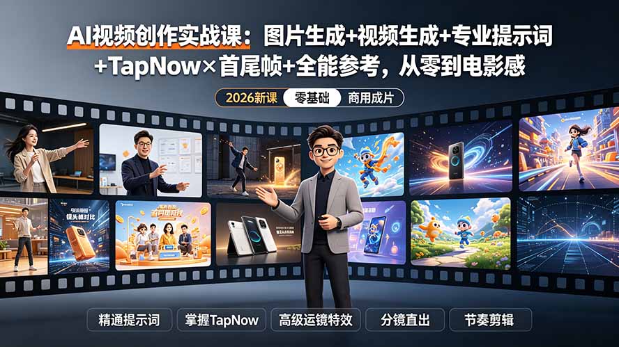(19383期)AI视频创作实战课:图片生成+视频生成+专业提示词+TapNow×首尾帧+全能参考,从零到电影感成片