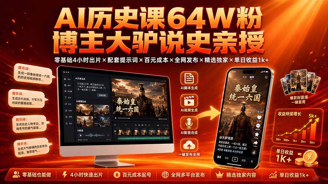 (19557期)AI历史课64W粉博主大驴说史亲授:零基础4小时出片×配套提示词×百元成本×全网发布×精选独家×单日收益1k+插图1 (19557期)AI历史课64W粉博主大驴说史亲授:零基础4小时出片×配套提示词×百元成本×全网发布×精选独家×单日收益1k+插图1