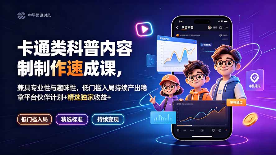 (19234期)卡通类科普内容制作速成课,兼具专业性与趣味性,低门槛入局持续产出稳拿平台伙伴计划+精选独家收益