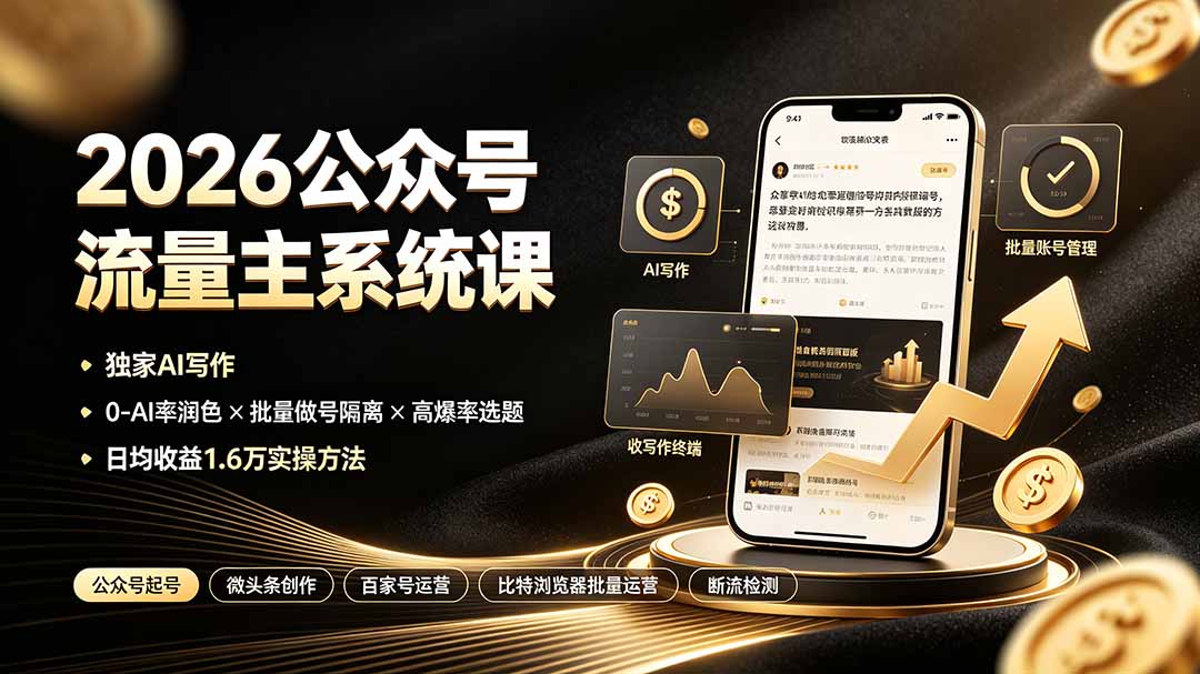 (19405期)2026公众号流量主系统课:独家AI写作×0-AI率润色×批量做号隔离×高爆率选题,日均收益1.6万实操方法插图1 (19405期)2026公众号流量主系统课:独家AI写作×0-AI率润色×批量做号隔离×高爆率选题,日均收益1.6万实操方法插图1