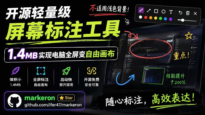 开源轻量级屏幕标注工具,1.4MB实现电脑全屏变自由画布!支持8种标注工具和全键盘操控MarkerOn插图 开源轻量级屏幕标注工具,1.4MB实现电脑全屏变自由画布!支持8种标注工具和全键盘操控MarkerOn插图