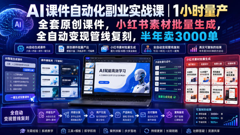 AI课件自动化副业实战课|1小时量产全套原创课件,小红书素材批量生成,全自动变现管线复刻,半年卖3000单插图 AI课件自动化副业实战课|1小时量产全套原创课件,小红书素材批量生成,全自动变现管线复刻,半年卖3000单插图