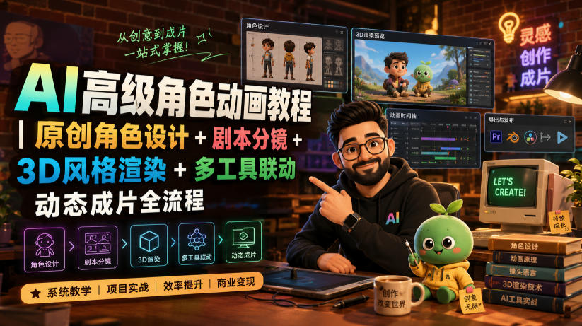 AI高级角色动画教程|原创角色设计+剧本分镜+3D风格渲染+多工具联动动态成片全流程【中英字幕】插图 AI高级角色动画教程|原创角色设计+剧本分镜+3D风格渲染+多工具联动动态成片全流程【中英字幕】插图