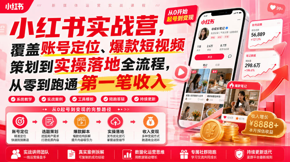 小红书实战营,覆盖账号定位、爆款短视频策划到实操落地全流程,从零到跑通第一笔收入插图 小红书实战营,覆盖账号定位、爆款短视频策划到实操落地全流程,从零到跑通第一笔收入插图