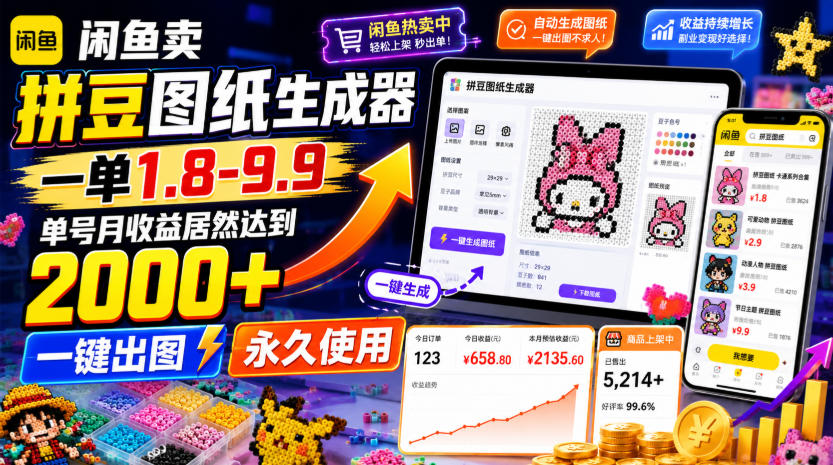 闲鱼卖拼豆图纸生成器,一单1.8-9.9,单号月收益居然达到2000+一键出图永久使用插图 闲鱼卖拼豆图纸生成器,一单1.8-9.9,单号月收益居然达到2000+一键出图永久使用插图