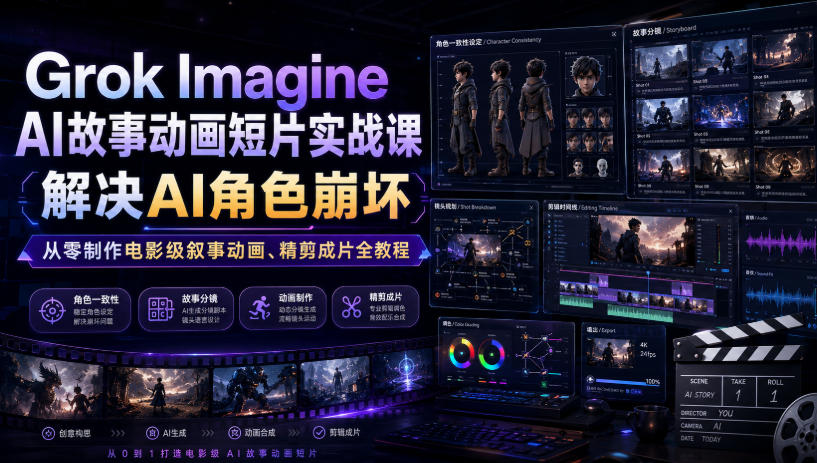 Grok Imagine AI故事动画短片实战课|解决AI角色崩坏,从零制作电影级叙事动画、精剪成片全教程(中英字幕)插图 Grok Imagine AI故事动画短片实战课|解决AI角色崩坏,从零制作电影级叙事动画、精剪成片全教程(中英字幕)插图