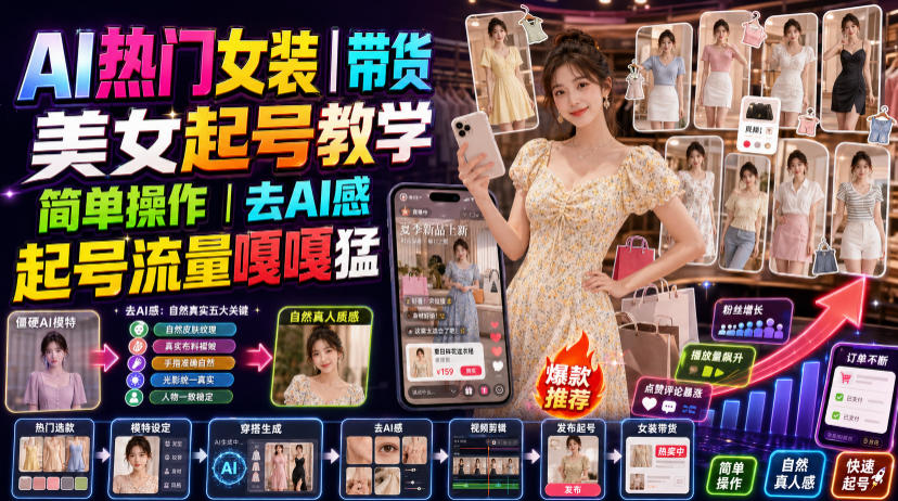 AI热门女装带货丨美女起号教学,简单操作,去AI感,起号流量嘎嘎猛插图 AI热门女装带货丨美女起号教学,简单操作,去AI感,起号流量嘎嘎猛插图