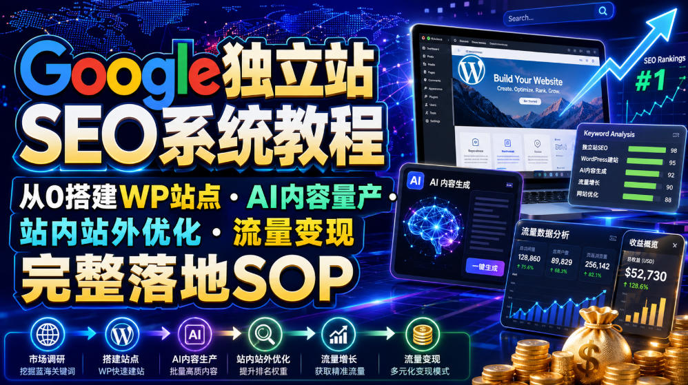 Google独立站SEO系统教程,从0搭建WP站点・AI内容量产・站内站外优化・流量变现完整落地SOP(2026年7月)插图 Google独立站SEO系统教程,从0搭建WP站点・AI内容量产・站内站外优化・流量变现完整落地SOP(2026年7月)插图