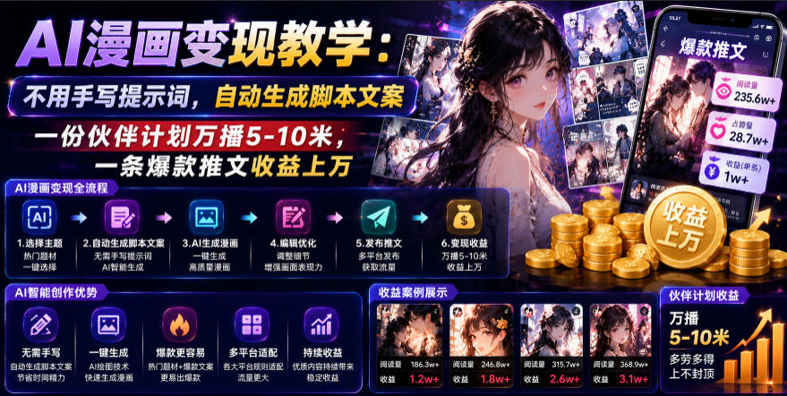 AI漫画变现教学:不用手写提示词,自动生成脚本文案,一份伙伴计划万播5-10米,一条爆款推文收益上W插图 AI漫画变现教学:不用手写提示词,自动生成脚本文案,一份伙伴计划万播5-10米,一条爆款推文收益上W插图