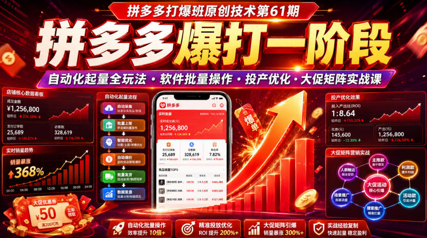 拼多多打爆班原创技术第61期,拼多多爆打一阶段,自动化起量全玩法・软件批量操作・投产优化・大促矩阵实战课插图 拼多多打爆班原创技术第61期,拼多多爆打一阶段,自动化起量全玩法・软件批量操作・投产优化・大促矩阵实战课插图