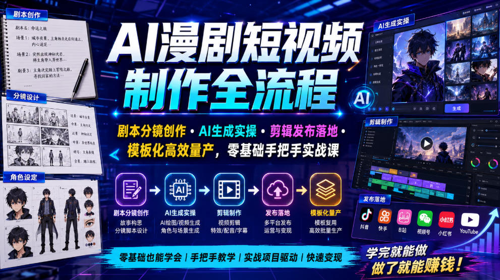 AI漫剧短视频制作全流程|剧本分镜创作・AI生成实操・剪辑发布落地・模板化高效量产,零基础手把手实战课插图 AI漫剧短视频制作全流程|剧本分镜创作・AI生成实操・剪辑发布落地・模板化高效量产,零基础手把手实战课插图