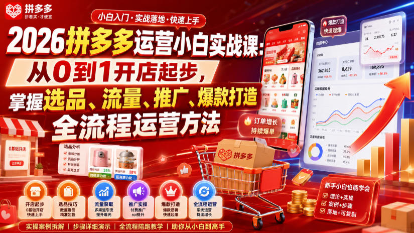 2026拼多多运营小白实战课:从0到1开店起步,掌握选品、流量、推广、爆款打造全流程运营方法插图 2026拼多多运营小白实战课:从0到1开店起步,掌握选品、流量、推广、爆款打造全流程运营方法插图
