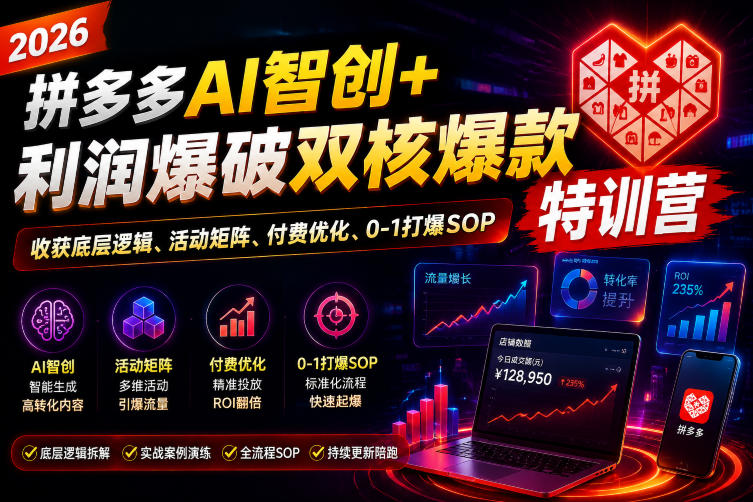 2026拼多多AI智创+利润爆破双核爆款特训营,收获底层逻辑、活动矩阵、付费优化、0-1打爆SOP插图 2026拼多多AI智创+利润爆破双核爆款特训营,收获底层逻辑、活动矩阵、付费优化、0-1打爆SOP插图