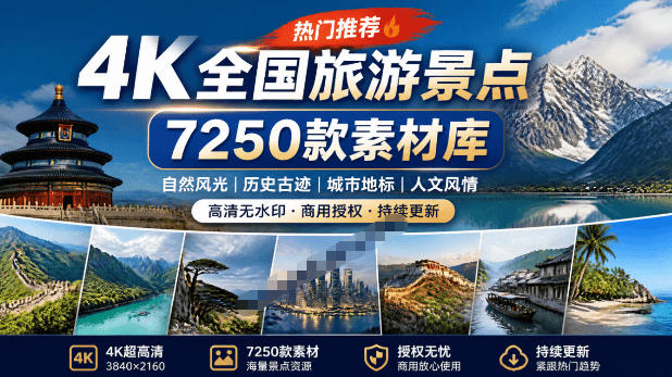 热门全国旅游风景素材！4K全国旅游景点素材库，7250款素材，旅行达人城市航拍风景风光高清短视频插图