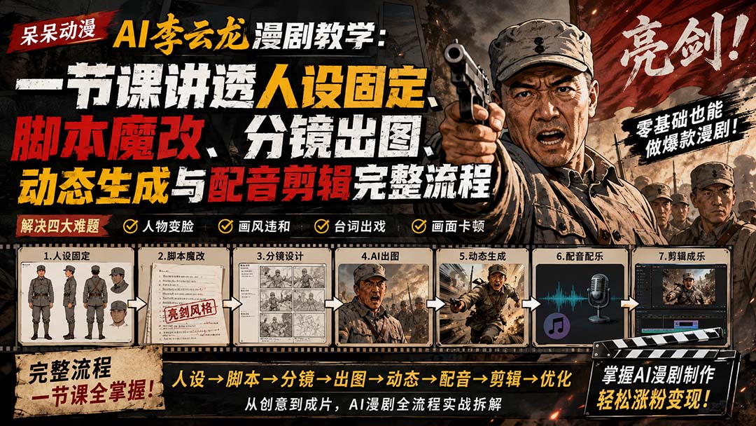 (20107期)呆呆动漫AI李云龙漫剧教学:一节课讲透人设固定、脚本魔改、分镜出图、动态生成与配音剪辑完整流程插图1 (20107期)呆呆动漫AI李云龙漫剧教学:一节课讲透人设固定、脚本魔改、分镜出图、动态生成与配音剪辑完整流程插图1