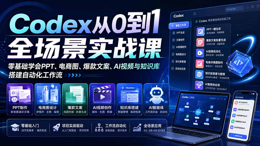 (20041期)Codex从0到1全场景实战课:零基础学会PPT、电商图、爆款文案、AI视频与知识库,搭建自动化工作流插图1 (20041期)Codex从0到1全场景实战课:零基础学会PPT、电商图、爆款文案、AI视频与知识库,搭建自动化工作流插图1