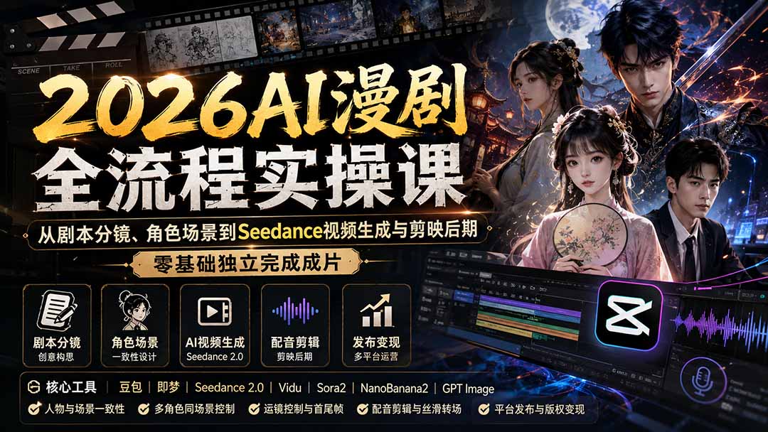 (20042期)2026AI漫剧全流程实操课:从剧本分镜、角色场景到Seedance视频生成与剪映后期,零基础独立完成成片插图1 (20042期)2026AI漫剧全流程实操课:从剧本分镜、角色场景到Seedance视频生成与剪映后期,零基础独立完成成片插图1
