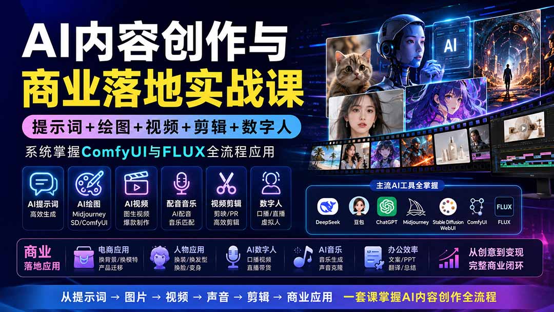 (19913期)AI内容创作与商业落地实战课:提示词+绘图+视频+剪辑+数字人,系统掌握ComfyUI与FLUX全流程应用插图1 (19913期)AI内容创作与商业落地实战课:提示词+绘图+视频+剪辑+数字人,系统掌握ComfyUI与FLUX全流程应用插图1