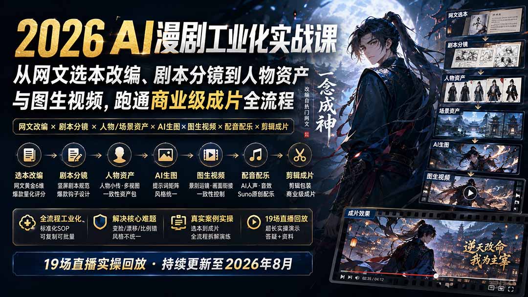 (20068期)2026 AI漫剧工业化实战课-更新:从网文选本改编、剧本分镜到人物资产与图生视频,跑通商业级成片全流程