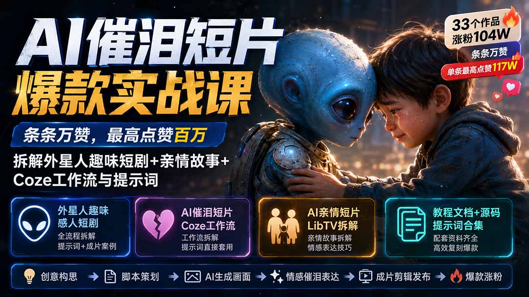 (20038期)AI催泪短片爆款实战课:条条万赞,最高点赞百万,拆解外星人趣味短剧+亲情故事+Coze工作流与提示词插图1 (20038期)AI催泪短片爆款实战课:条条万赞,最高点赞百万,拆解外星人趣味短剧+亲情故事+Coze工作流与提示词插图1