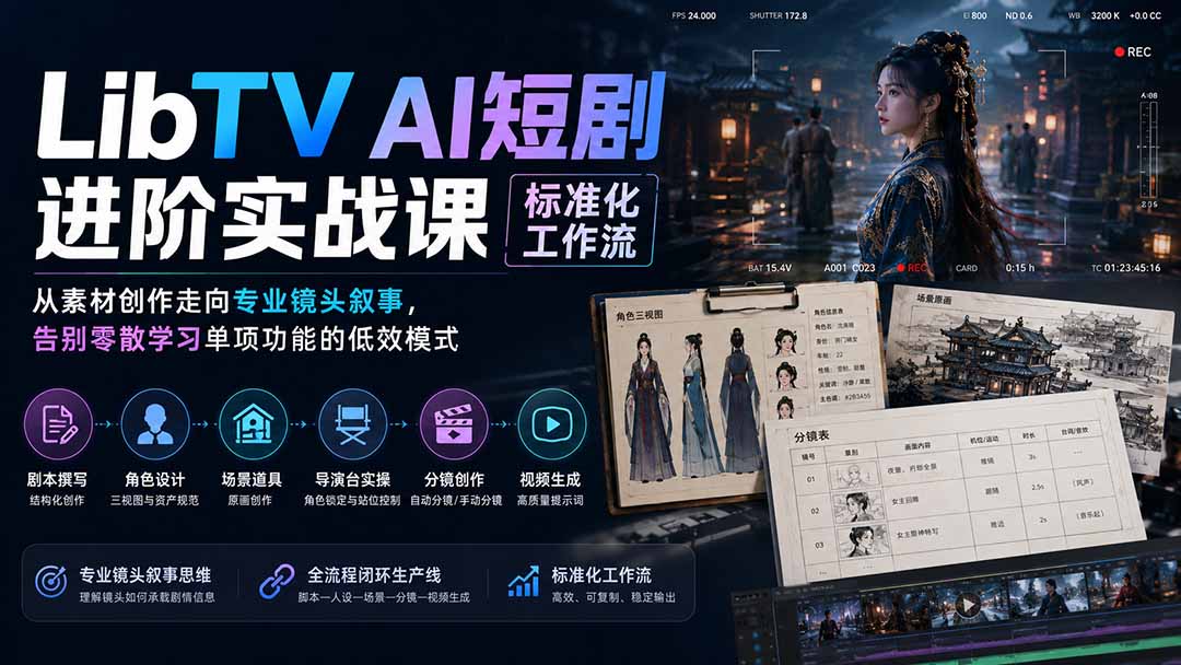 (19836期)LibTV AI短剧进阶实操课标准化工作流;从素材创作走向专业镜头叙事,告别零散学习单项功能的低效模式插图1 (19836期)LibTV AI短剧进阶实操课标准化工作流;从素材创作走向专业镜头叙事,告别零散学习单项功能的低效模式插图1