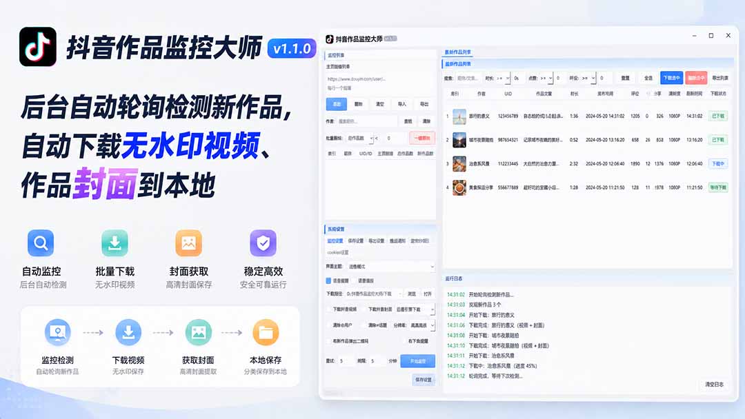 (19793期)抖音作品监控大师v1.1.0:后台自动轮询检测新作品,自动下载无水印视频、作品封面到本地插图1 (19793期)抖音作品监控大师v1.1.0:后台自动轮询检测新作品,自动下载无水印视频、作品封面到本地插图1
