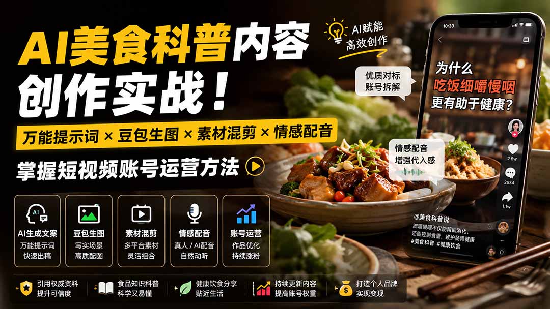 (19730期)外面卖199元-AI美食科普内容创作实战!万能提示词×豆包生图×素材混剪×情感配音,掌握短视频账号运营方法插图1 (19730期)外面卖199元-AI美食科普内容创作实战!万能提示词×豆包生图×素材混剪×情感配音,掌握短视频账号运营方法插图1
