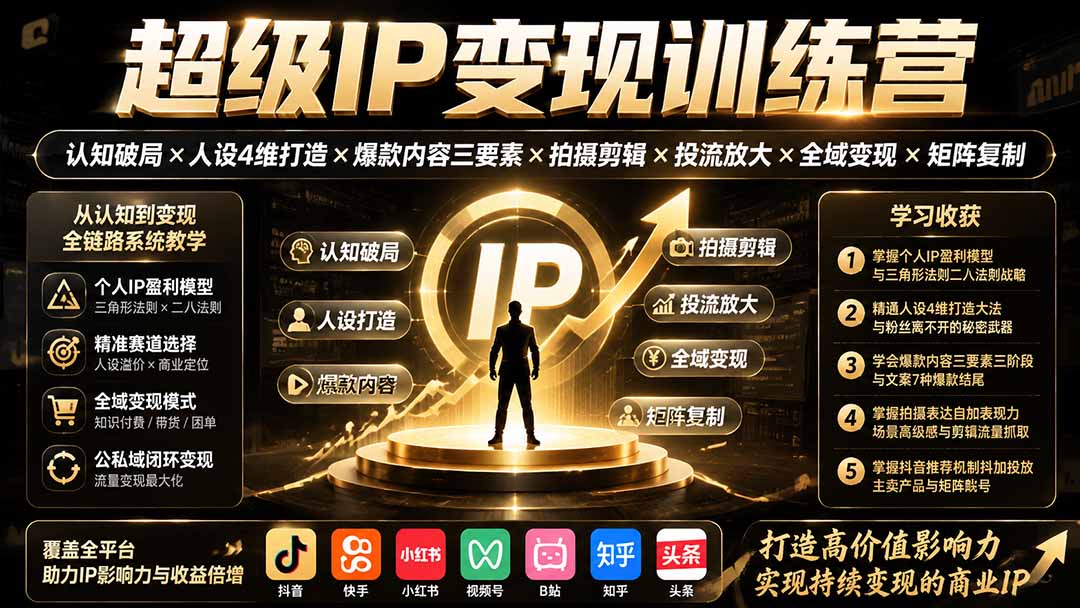 (19698期)超级IP变现训练营:认知破局×人设4维打造×爆款内容三要素×拍摄剪辑×投流放大×全域变现×矩阵复制插图1 (19698期)超级IP变现训练营:认知破局×人设4维打造×爆款内容三要素×拍摄剪辑×投流放大×全域变现×矩阵复制插图1