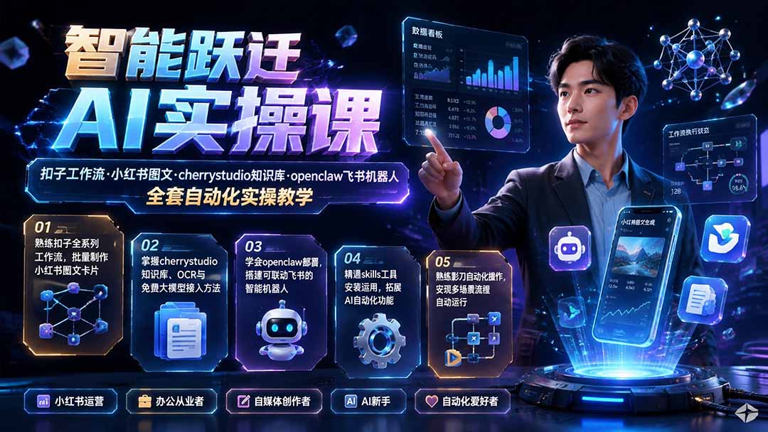 (19652期)智能跃迁 AI实操课|扣子工作流小红书图文搭建,cherrystudio知识库openclaw飞书机器人全套自动化实操教学插图1 (19652期)智能跃迁 AI实操课|扣子工作流小红书图文搭建,cherrystudio知识库openclaw飞书机器人全套自动化实操教学插图1