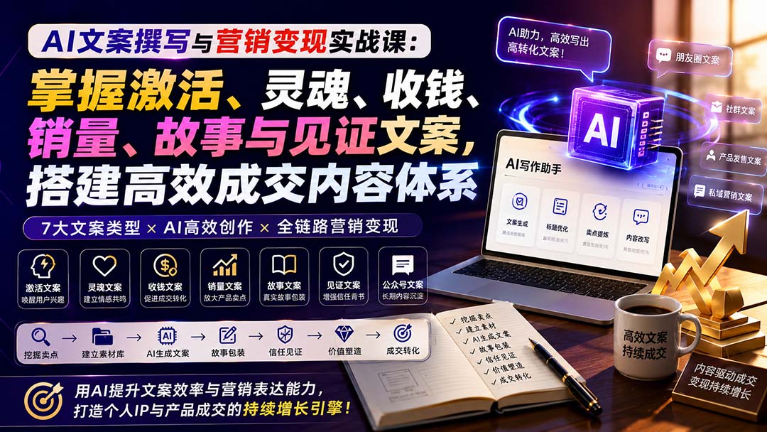（20126期）AI文案撰写与营销变现实战课：掌握激活、灵魂、收钱、销量、故事与见证文案，搭建高效成交内容体系