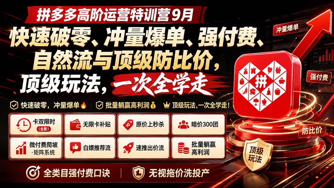 (20155期)拼多多高阶运营特训营9月:快速破零、冲量爆单、强付费、自然流与顶级防比价, 顶级玩法,一次全学走插图1 (20155期)拼多多高阶运营特训营9月:快速破零、冲量爆单、强付费、自然流与顶级防比价, 顶级玩法,一次全学走插图1
