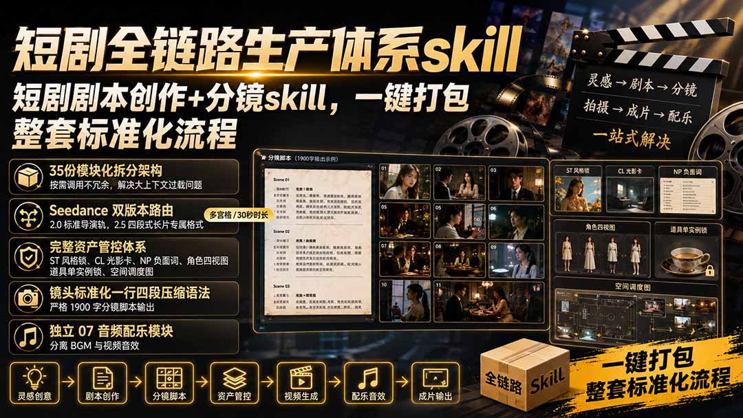 （19911期）短剧全链路生产体系skill，短剧剧本创作+分镜skill，一键打包，整套标准化流程