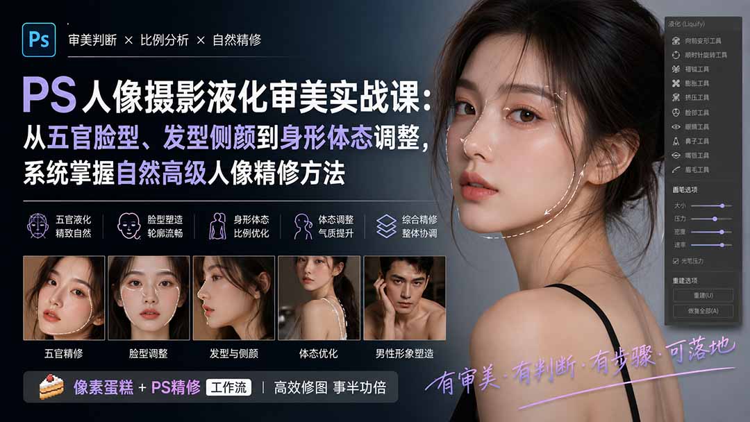 (20062期)PS人像摄影液化审美实战课:从五官脸型、发型侧颜到身形体态调整,系统掌握自然高级人像精修方法插图1 (20062期)PS人像摄影液化审美实战课:从五官脸型、发型侧颜到身形体态调整,系统掌握自然高级人像精修方法插图1