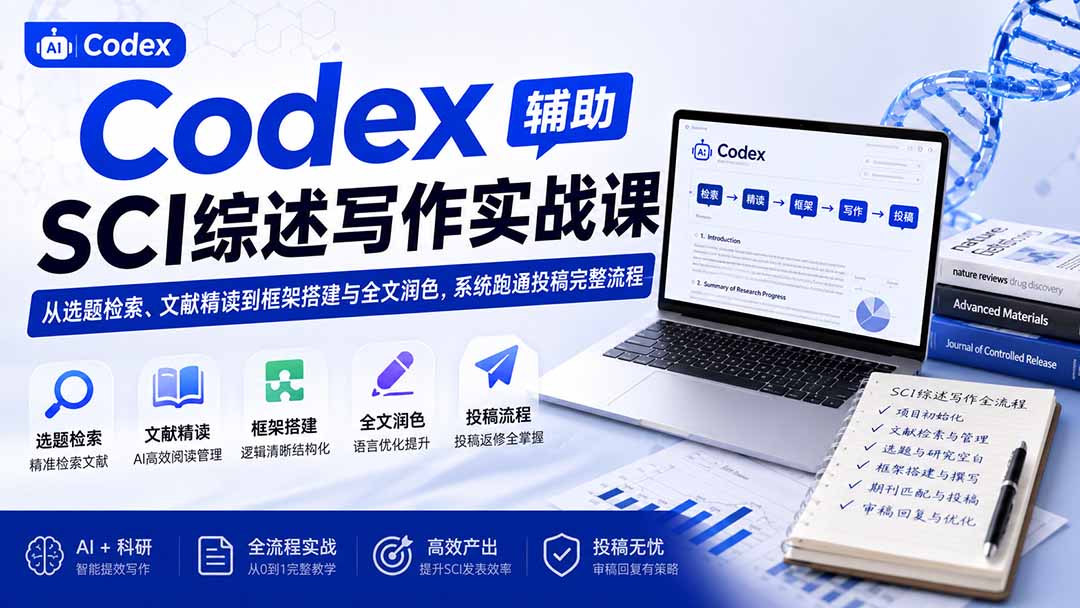 (19751期)Codex辅助SCI综述写作实战课——从选题检索、文献精读到框架搭建与全文润色,系统跑通投稿完整流程插图1 (19751期)Codex辅助SCI综述写作实战课——从选题检索、文献精读到框架搭建与全文润色,系统跑通投稿完整流程插图1