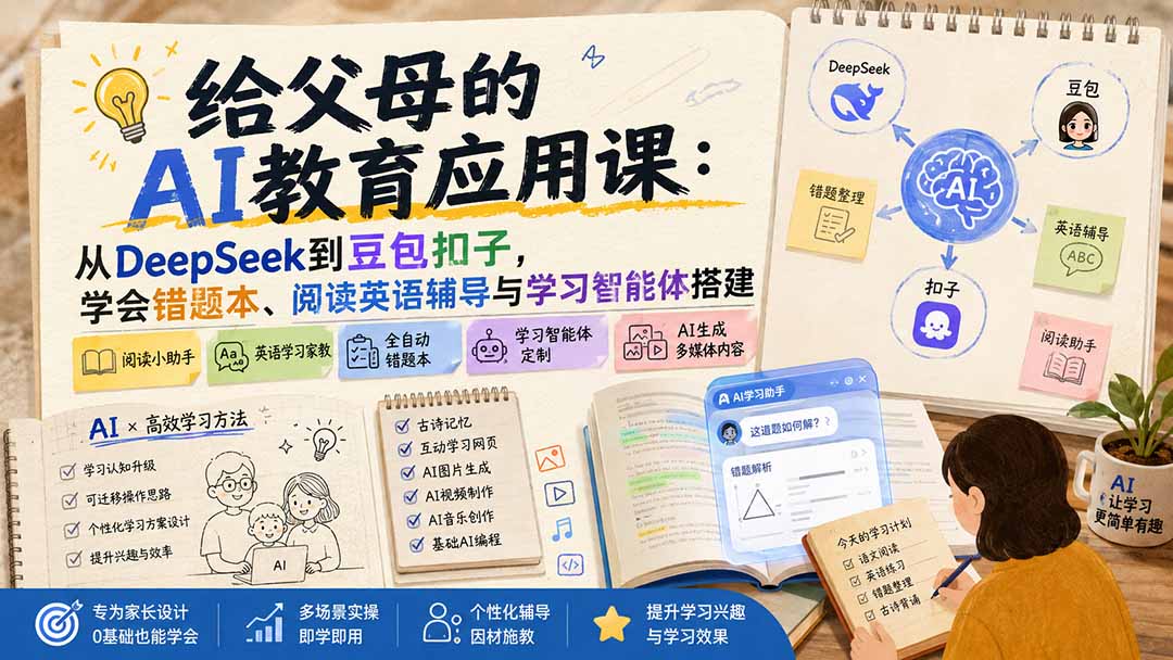 (19890期)给父母的AI教育应用课:从DeepSeek到豆包扣子,学会错题本、阅读英语辅导与学习智能体搭建插图1 (19890期)给父母的AI教育应用课:从DeepSeek到豆包扣子,学会错题本、阅读英语辅导与学习智能体搭建插图1